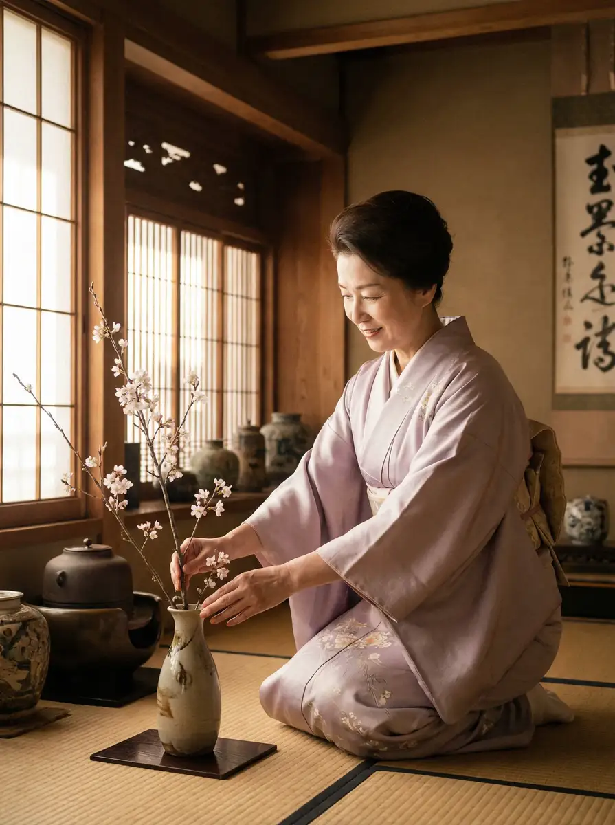 一位优雅的 婚前试爱2 在和室中插花